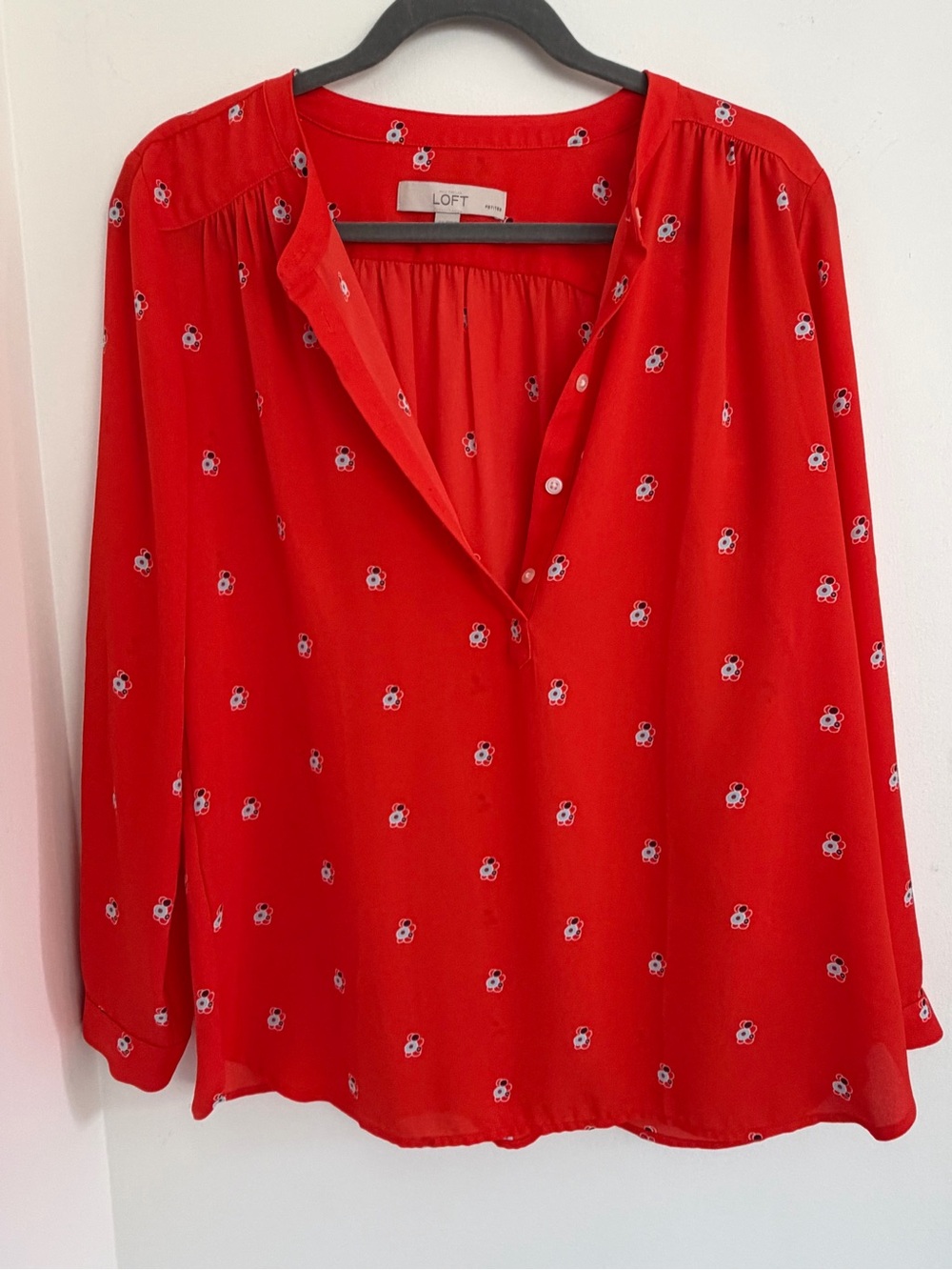 LOFT Bright Floral Half Button Down Long Sleeve Blouse - Red/Orange Blouse